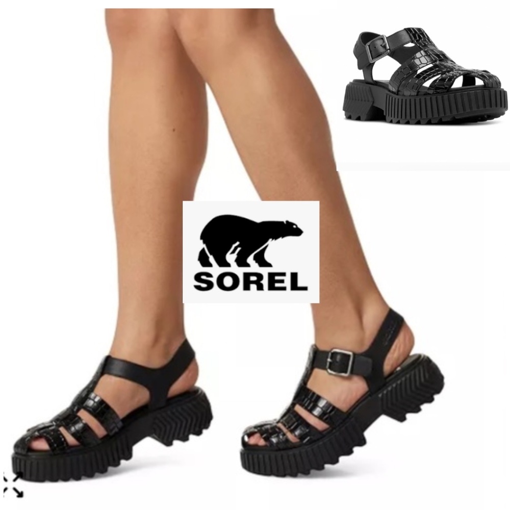 New Sorel Black Fisherman lug sole sandal, 10, PG1473